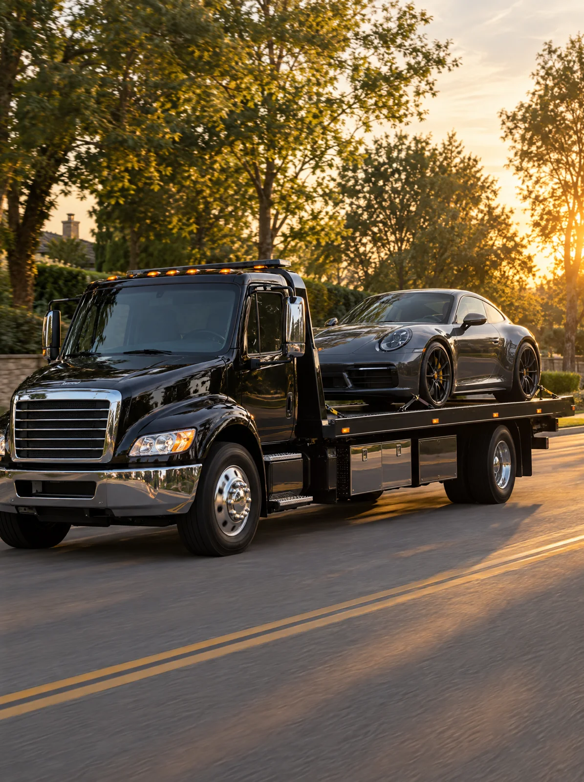 A black flatbed tow truck carrying a grey sports coupe at sunset