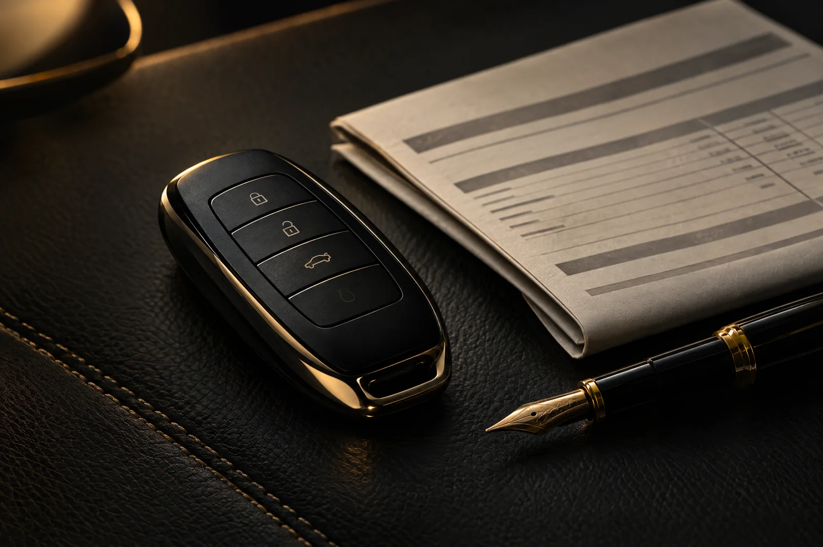 A car key fob on dark leather beside a folded repair invoice and a gold pen