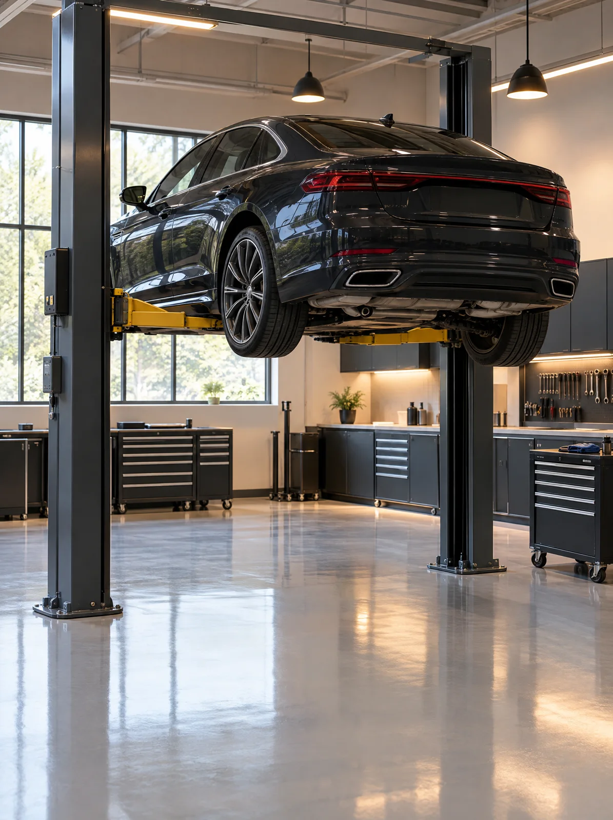 A dark sedan up on a lift in a spotless service bay