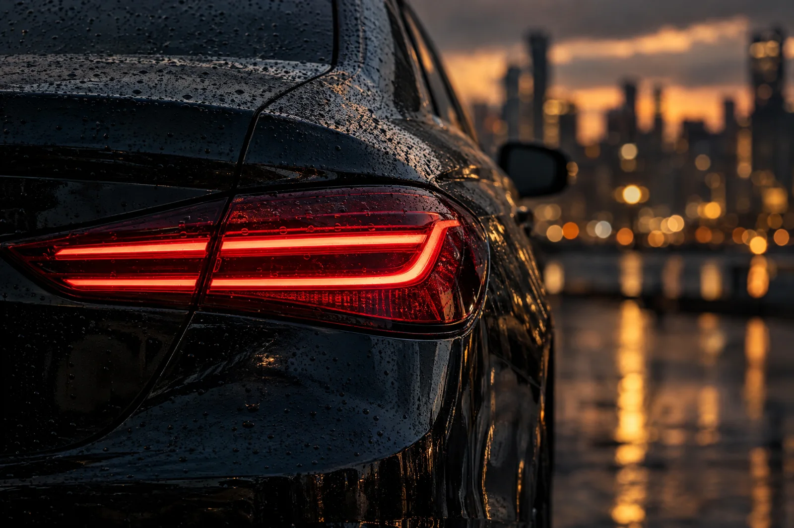 The tail light of a black luxury sedan in the rain at dusk