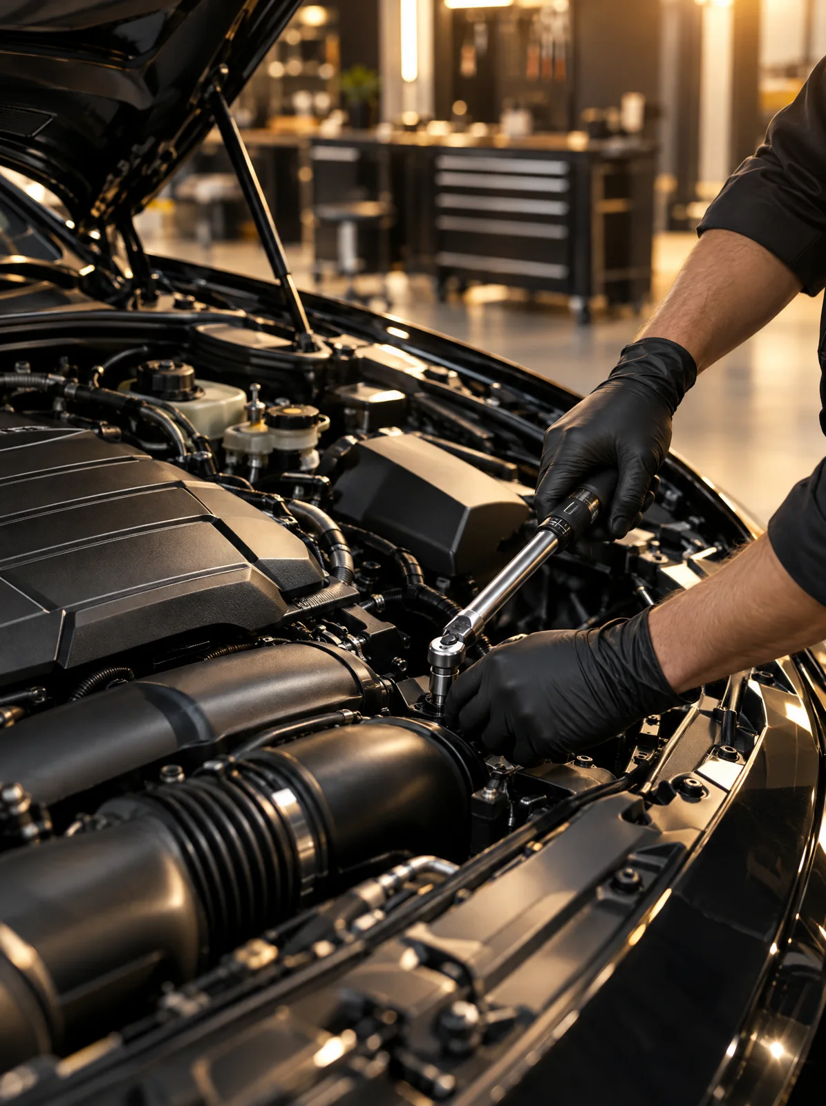 A technician in black gloves torquing a bolt in a clean engine bay