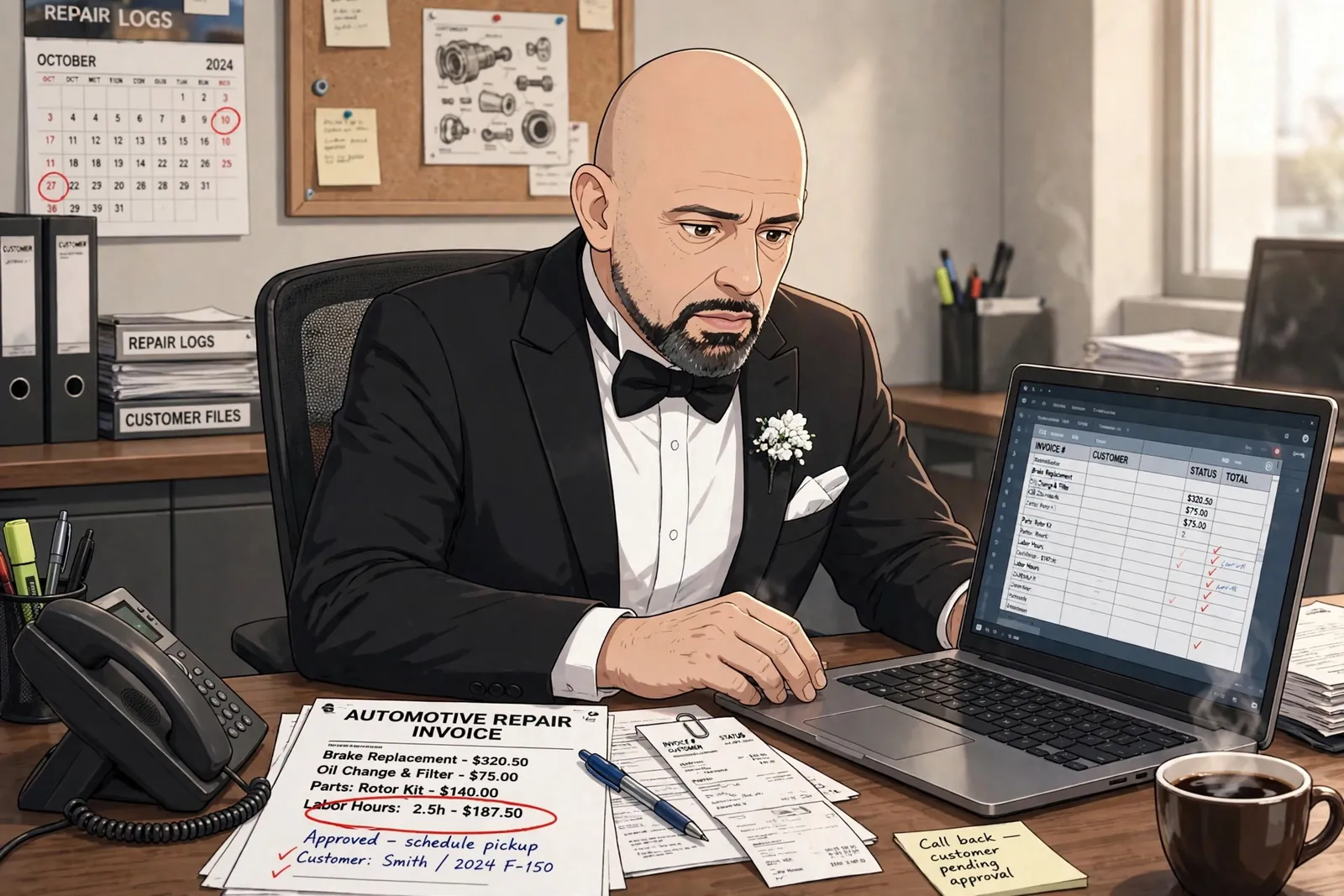 Rich at his desk, auditing a repair invoice